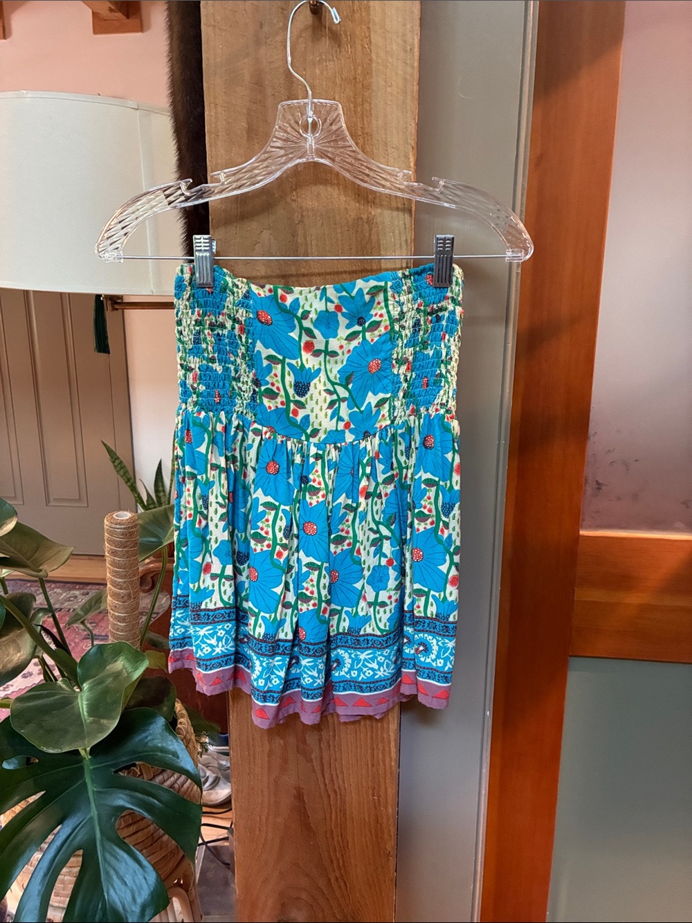 Flirty FUN NATURAL LIFE Turquoise Floral Smocked Mini Skirt with Pink Trim XS 💕